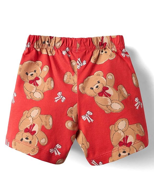 Babyhug Cotton Knit Half Sleeves Co-ords Shorts Night Suit with Bear Print - Red