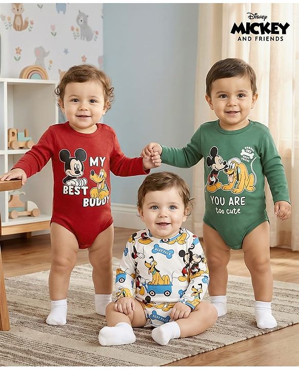 Babyhug 100% Cotton Interlock Knit Full Sleeves Onesies With Stripes & Penguin Print Pack of 3 -Multicolour main image 0