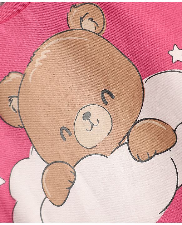 Babyhug Cotton Knit Half Sleeves Shorts Night Suit with Bear & Star Print - Pink