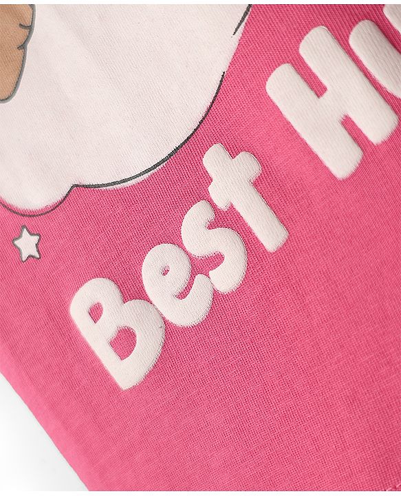 Babyhug Cotton Knit Half Sleeves Shorts Night Suit with Bear & Star Print - Pink