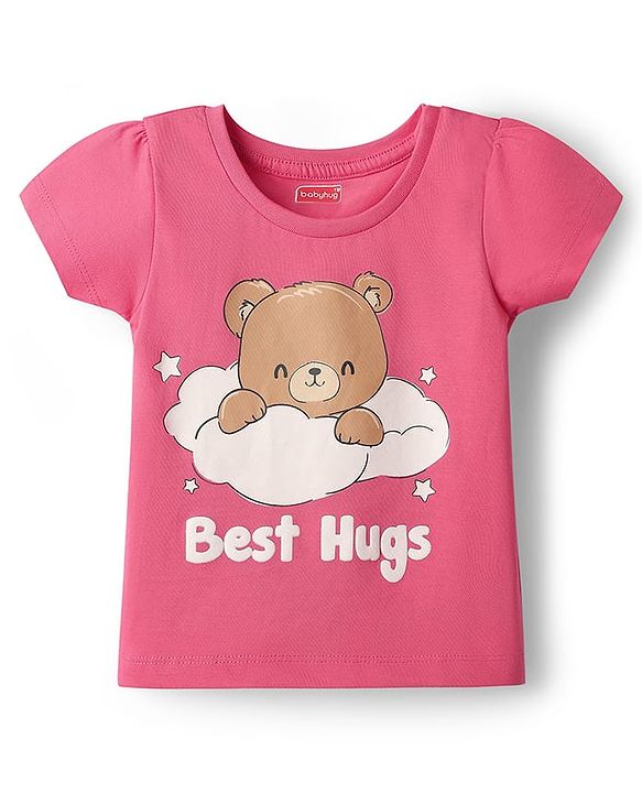 Babyhug Cotton Knit Half Sleeves Shorts Night Suit with Bear & Star Print - Pink