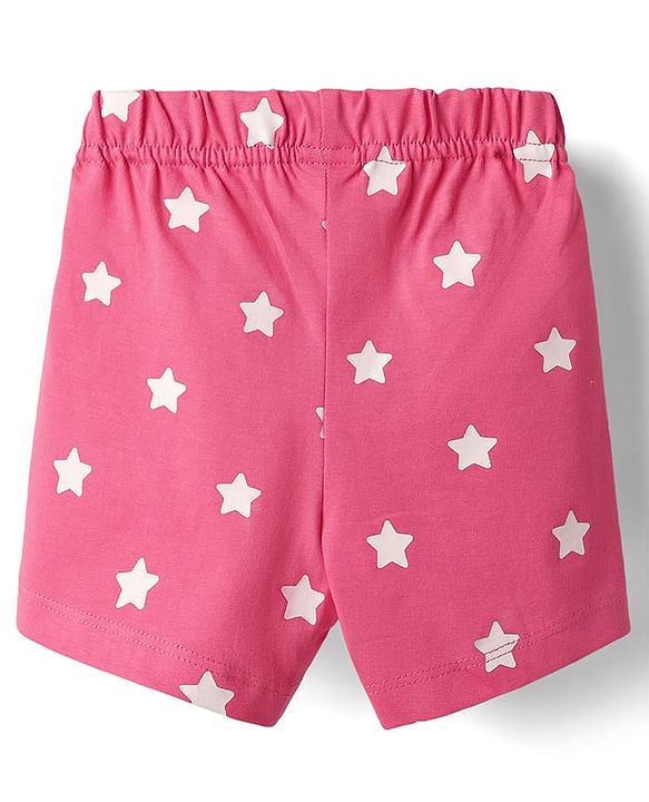 Babyhug Cotton Knit Half Sleeves Shorts Night Suit with Bear & Star Print - Pink