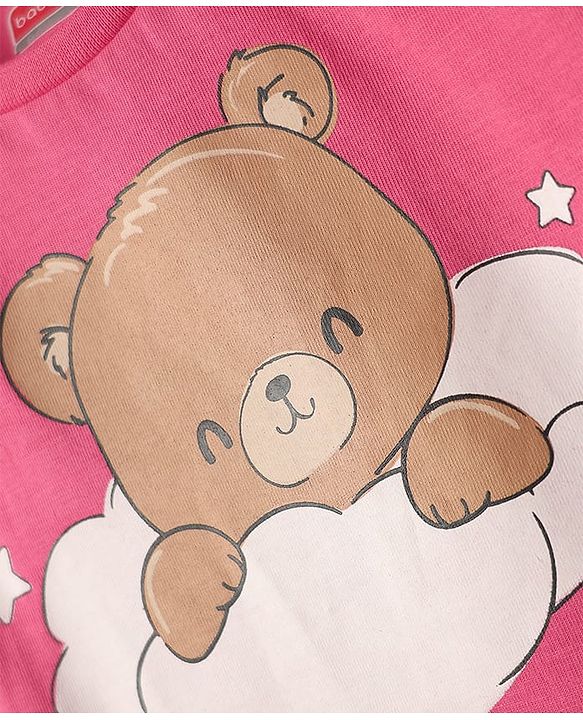 Babyhug Cotton Knit Half Sleeves Shorts Night Suit with Bear & Star Print - Pink
