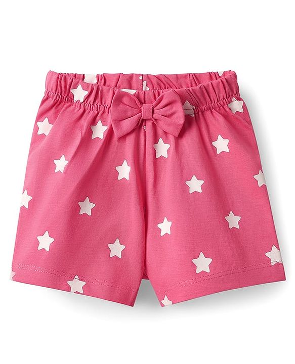 Babyhug Cotton Knit Half Sleeves Shorts Night Suit with Bear & Star Print - Pink