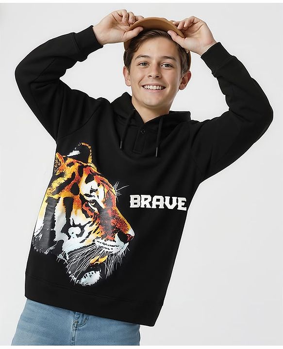 Pine Kids Cotton Knit Full Sleeves Hooded Sweatshirt With Tiger Print - Black