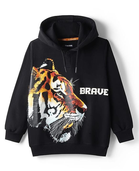 Pine Kids Cotton Knit Full Sleeves Hooded Sweatshirt With Tiger Print - Black
