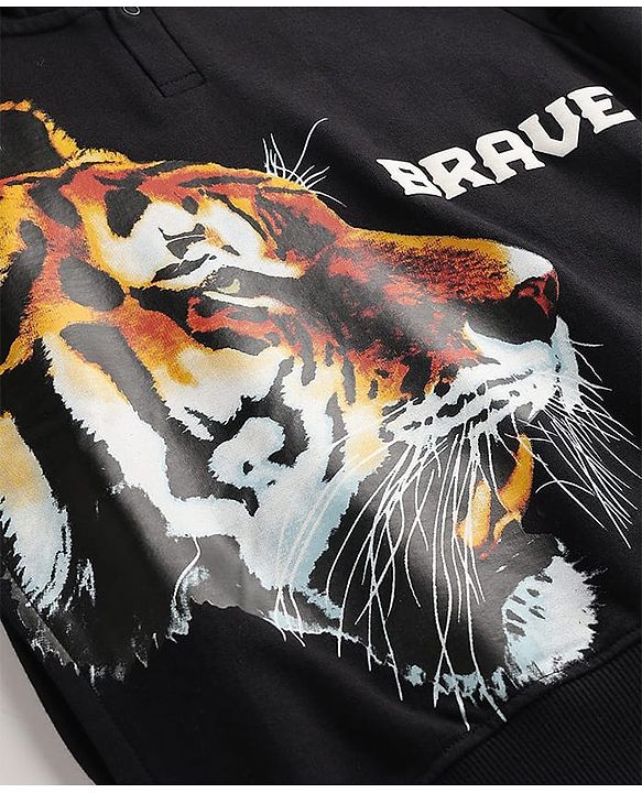 Pine Kids Cotton Knit Full Sleeves Hooded Sweatshirt With Tiger Print - Black