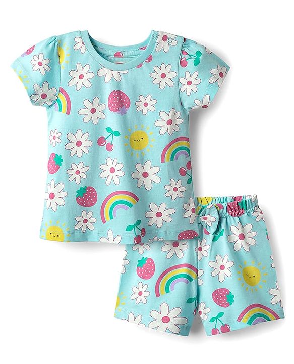 Babyhug Cotton Knit Half Sleeves Co-ords Shorts Night Suit with Tropical Theme Print & Bow Applique - Light Blue
