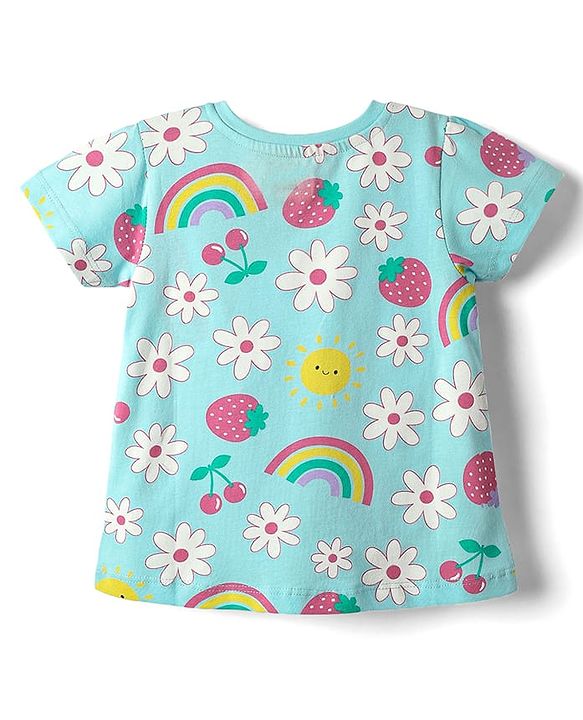 Babyhug Cotton Knit Half Sleeves Co-ords Shorts Night Suit with Tropical Theme Print & Bow Applique - Light Blue