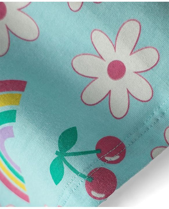 Babyhug Cotton Knit Half Sleeves Co-ords Shorts Night Suit with Tropical Theme Print & Bow Applique - Light Blue