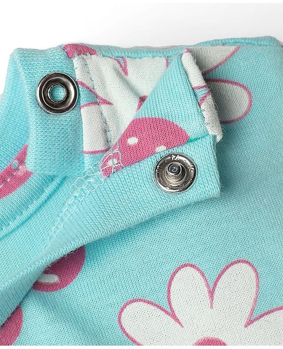 Babyhug Cotton Knit Half Sleeves Co-ords Shorts Night Suit with Tropical Theme Print & Bow Applique - Light Blue