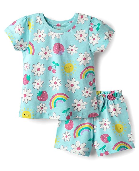 Babyhug Cotton Knit Half Sleeves Co-ords Shorts Night Suit with Tropical Theme Print & Bow Applique - Light Blue