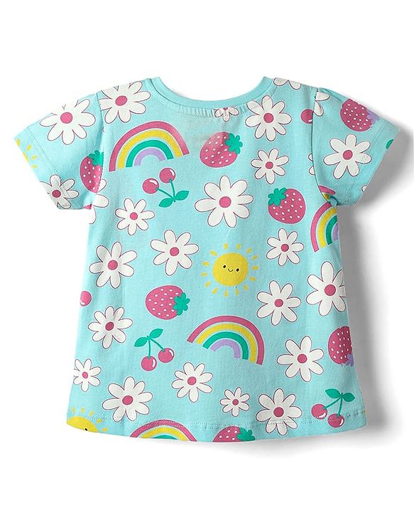 Babyhug Cotton Knit Half Sleeves Co-ords Shorts Night Suit with Tropical Theme Print & Bow Applique - Light Blue