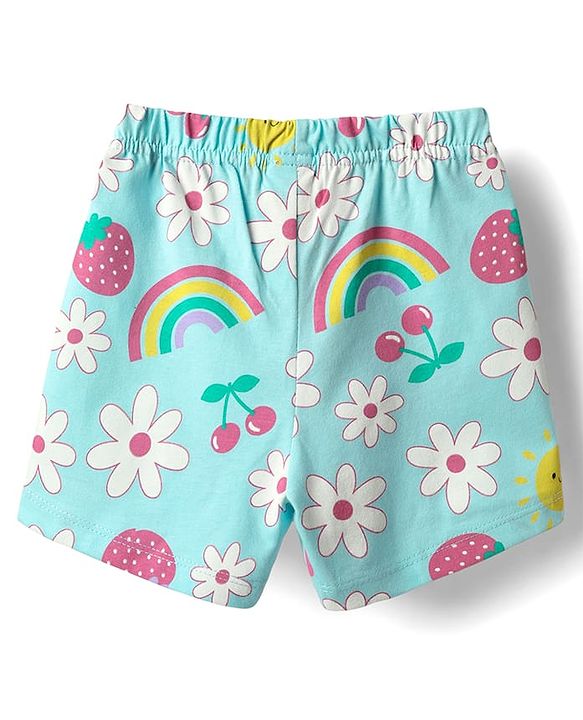 Babyhug Cotton Knit Half Sleeves Co-ords Shorts Night Suit with Tropical Theme Print & Bow Applique - Light Blue