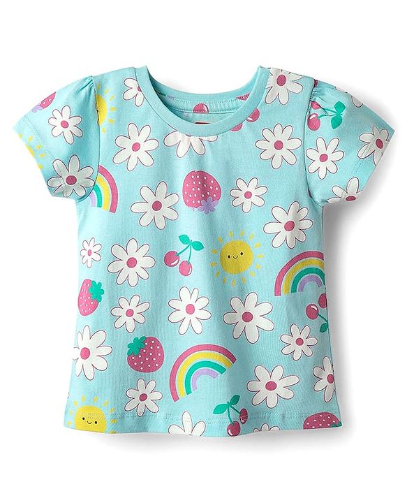 Babyhug Cotton Knit Half Sleeves Co-ords Shorts Night Suit with Tropical Theme Print & Bow Applique - Light Blue