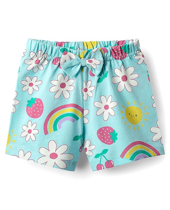 Babyhug Cotton Knit Half Sleeves Co-ords Shorts Night Suit with Tropical Theme Print & Bow Applique - Light Blue