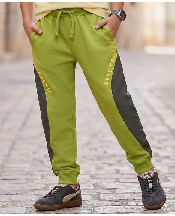 Pine Kids Knit Full Length Cut & Sew Lounge Pant with Text Print - Olive Green