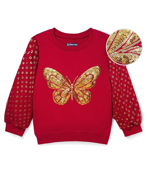 Pine Kids Cotton Knit Full Sleeves Sweatshirt with Sequin Detailing - Dark Red