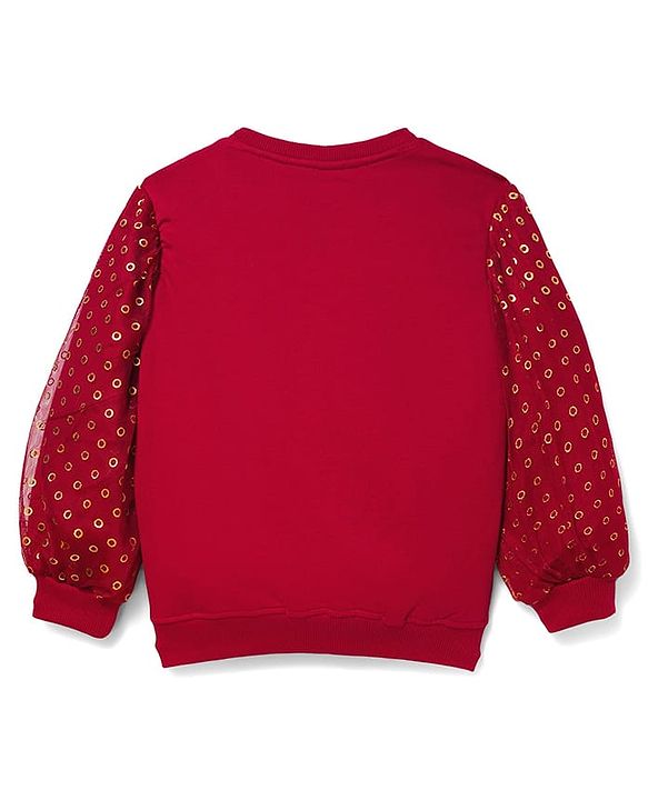 Pine Kids Cotton Knit Full Sleeves Sweatshirt with Sequin Detailing - Dark Red