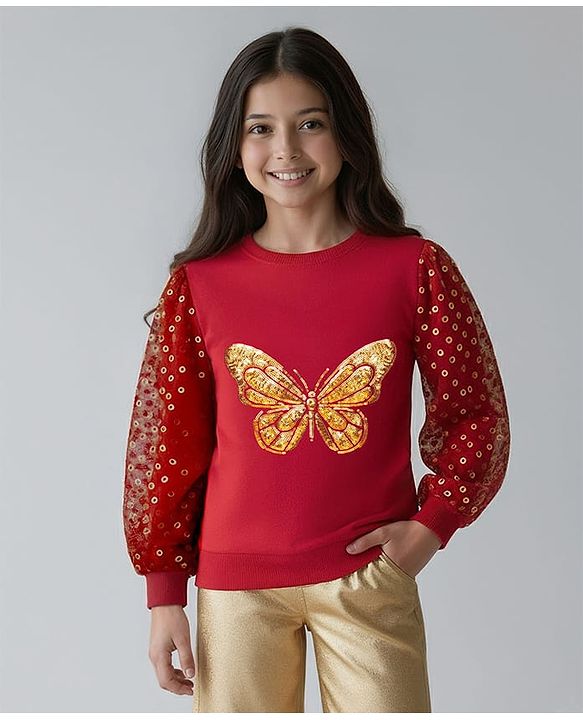 Pine Kids Cotton Knit Full Sleeves Sweatshirt with Sequin Detailing - Dark Red