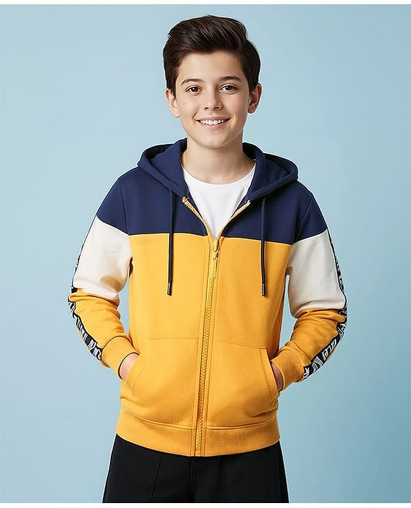 Pine Kids Cotton Knit Full Sleeves Hooded Sweatjacket With Cut & Sew Design & Kangaroo Pockets - Gold & Navy Blue