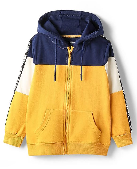 Pine Kids Cotton Knit Full Sleeves Hooded Sweatjacket With Cut & Sew Design & Kangaroo Pockets - Gold & Navy Blue