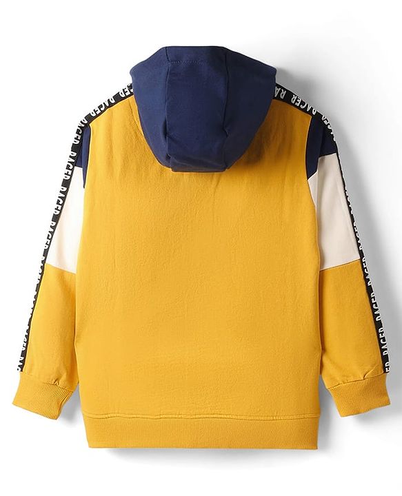 Pine Kids Cotton Knit Full Sleeves Hooded Sweatjacket With Cut & Sew Design & Kangaroo Pockets - Gold & Navy Blue