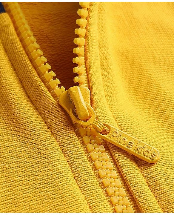 Pine Kids Cotton Knit Full Sleeves Hooded Sweatjacket With Cut & Sew Design & Kangaroo Pockets - Gold & Navy Blue