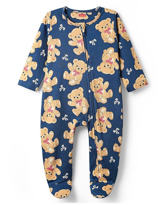 Babyhug Cotton Knit Full Sleeves Footed Sleep Suit with Bear Print - Navy Blue