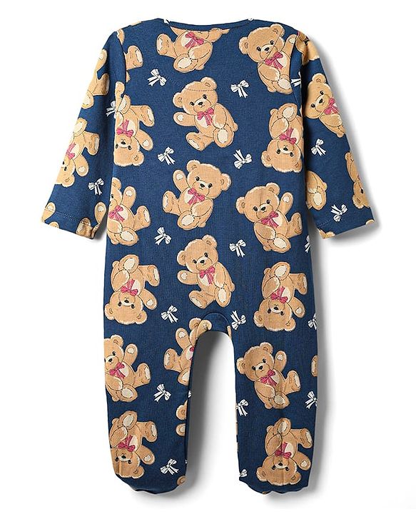 Babyhug Cotton Knit Full Sleeves Footed Sleep Suit with Bear Print - Navy Blue