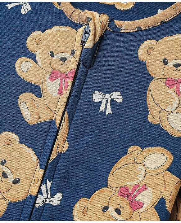 Babyhug Cotton Knit Full Sleeves Footed Sleep Suit with Bear Print - Navy Blue