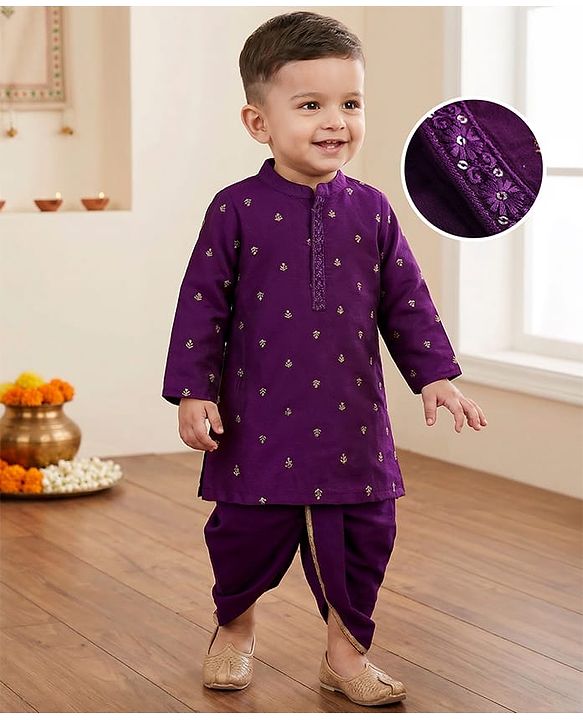 Babyhug Woven Full Sleeves Kurta & Dhoti Set with Floral Embroidery - Purple