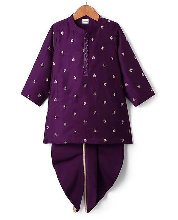 Babyhug Woven Full Sleeves Kurta & Dhoti Set with Floral Embroidery - Purple