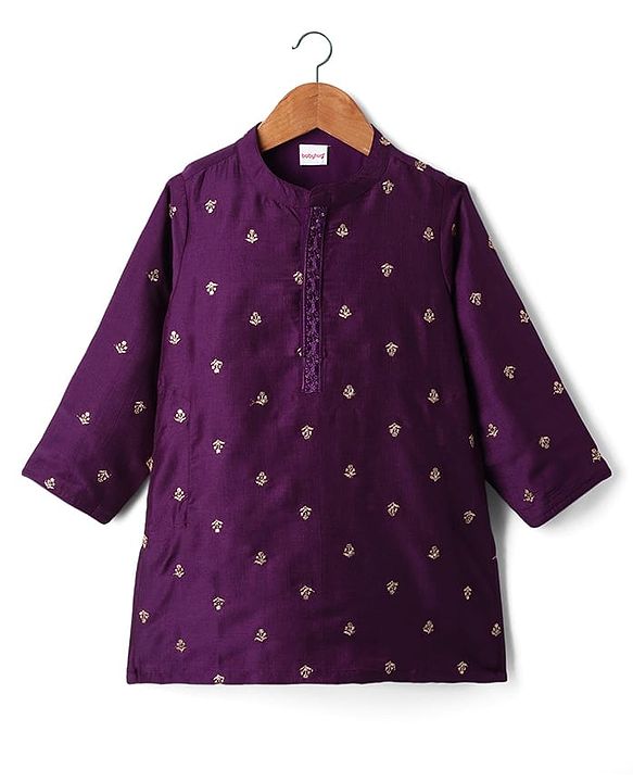 Babyhug Woven Full Sleeves Kurta & Dhoti Set with Floral Embroidery - Purple