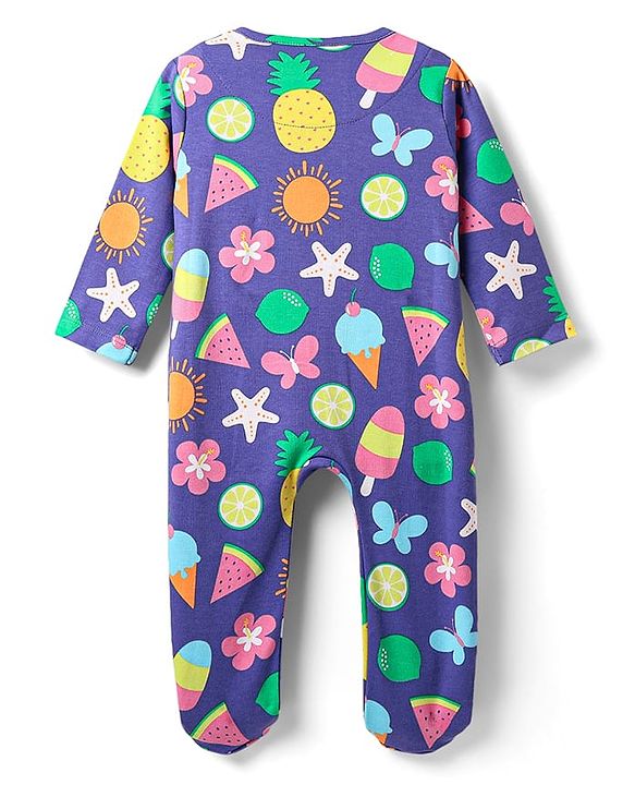 Babyhug Cotton Knit Full Sleeves Footed Sleep Suit with Tropical Theme Print - Purple