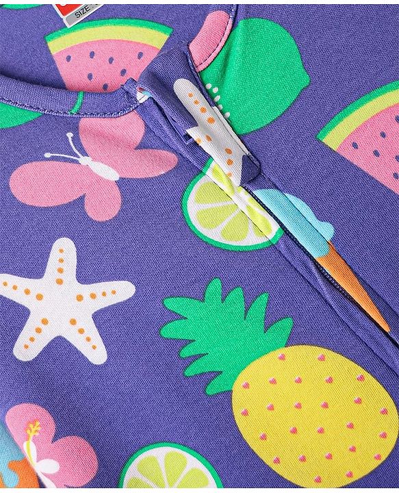 Babyhug Cotton Knit Full Sleeves Footed Sleep Suit with Tropical Theme Print - Purple
