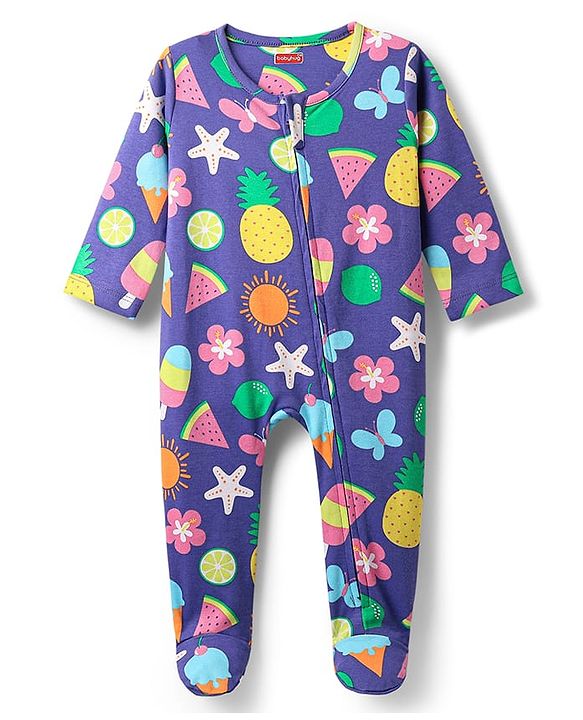 Babyhug Cotton Knit Full Sleeves Footed Sleep Suit with Tropical Theme Print - Purple
