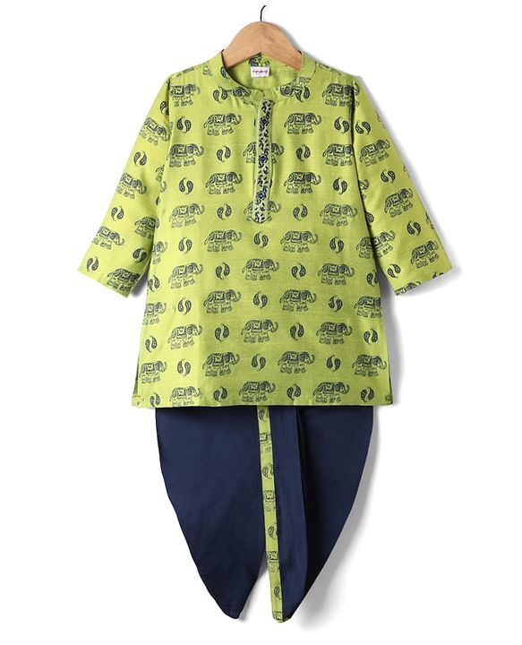Babyhug Woven Full Sleeves Elephant Printed Kurta & Dhoti Set - Green & Navy Blue