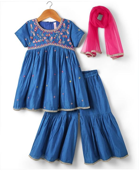 Babyhug Cotton Woven Half Sleeves Kurti Gharara Set with Dupatta & Floral Embroidery with Lace Detailing - Blue & Pink