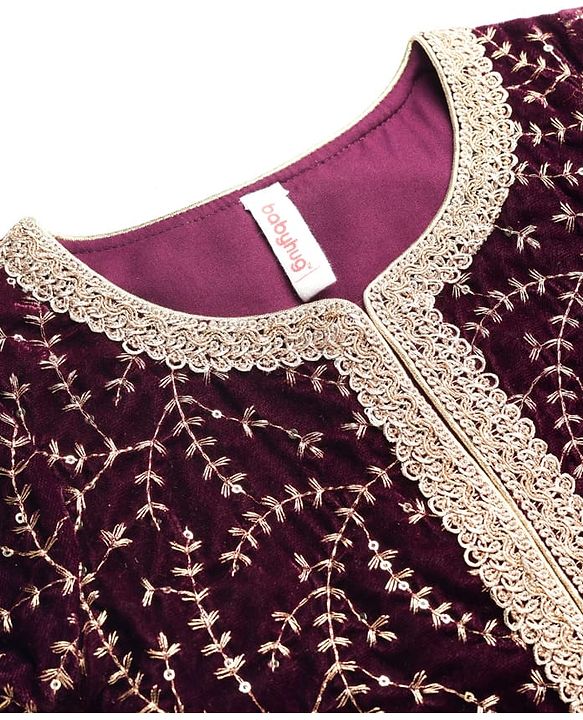 Babyhug Woven Three Fourth Sleeves Choli with Lehenga and Dupatta Set With Floral Sequin & Embroidery with Lace Detailing - Wine & Pink