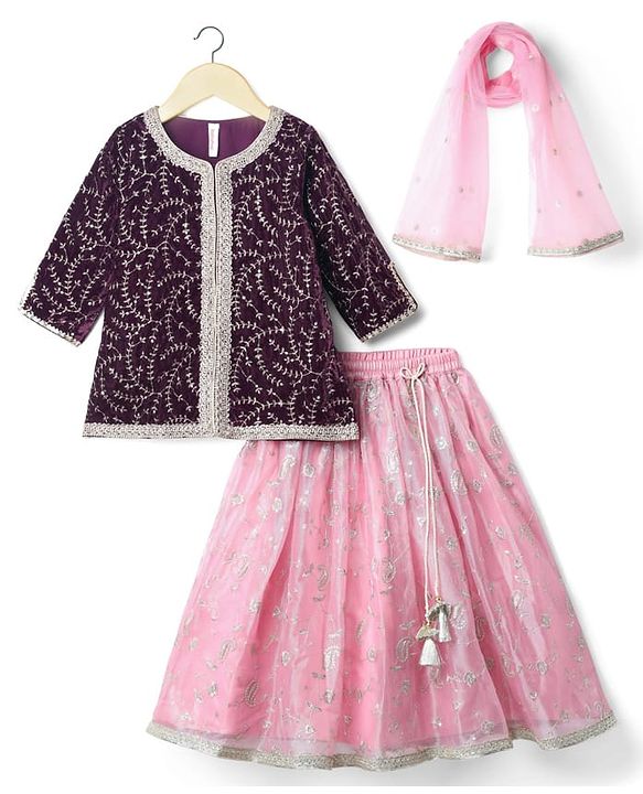 Babyhug Woven Three Fourth Sleeves Choli with Lehenga and Dupatta Set With Floral Sequin & Embroidery with Lace Detailing - Wine & Pink
