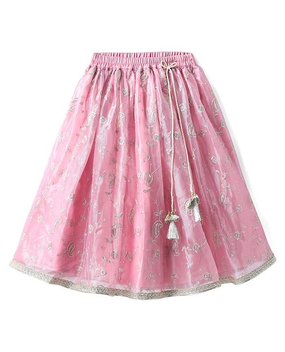 Babyhug Woven Three Fourth Sleeves Choli with Lehenga and Dupatta Set With Floral Sequin & Embroidery with Lace Detailing - Wine & Pink