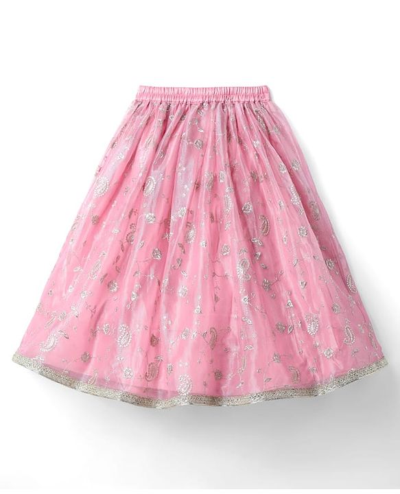 Babyhug Woven Three Fourth Sleeves Choli with Lehenga and Dupatta Set With Floral Sequin & Embroidery with Lace Detailing - Wine & Pink