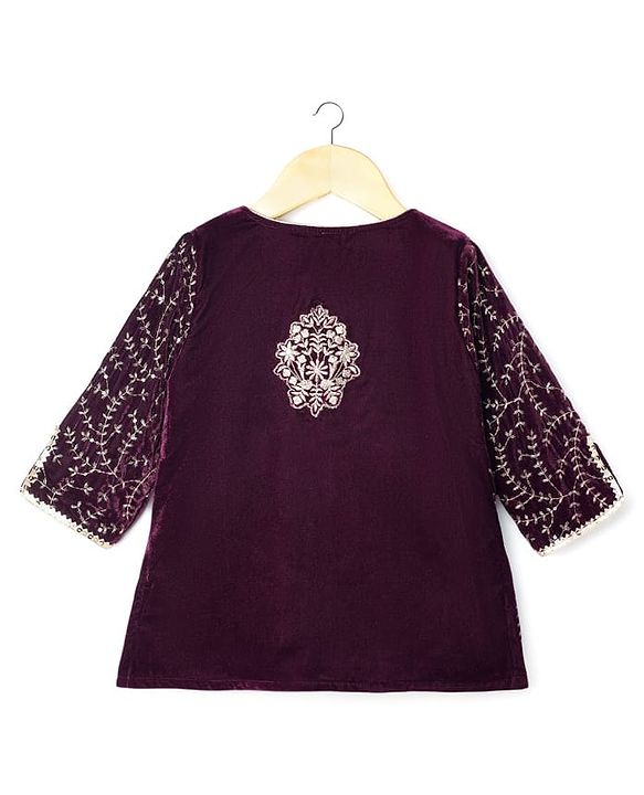 Babyhug Woven Three Fourth Sleeves Choli with Lehenga and Dupatta Set With Floral Sequin & Embroidery with Lace Detailing - Wine & Pink