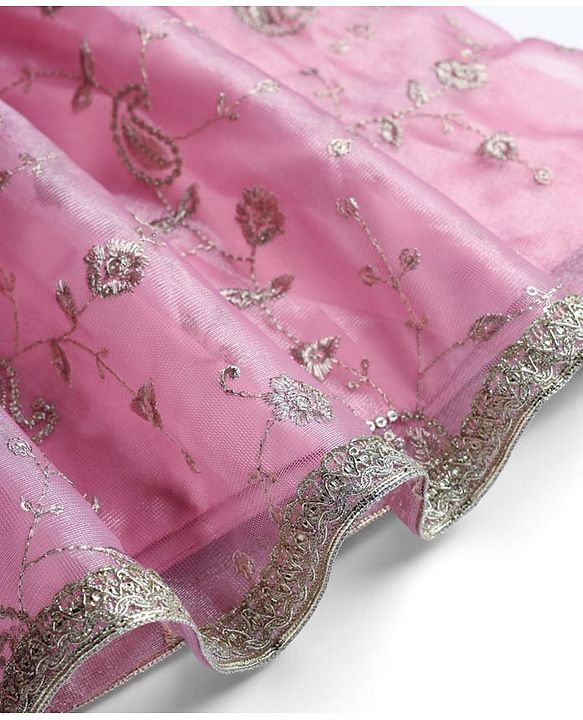 Babyhug Woven Three Fourth Sleeves Choli with Lehenga and Dupatta Set With Floral Sequin & Embroidery with Lace Detailing - Wine & Pink