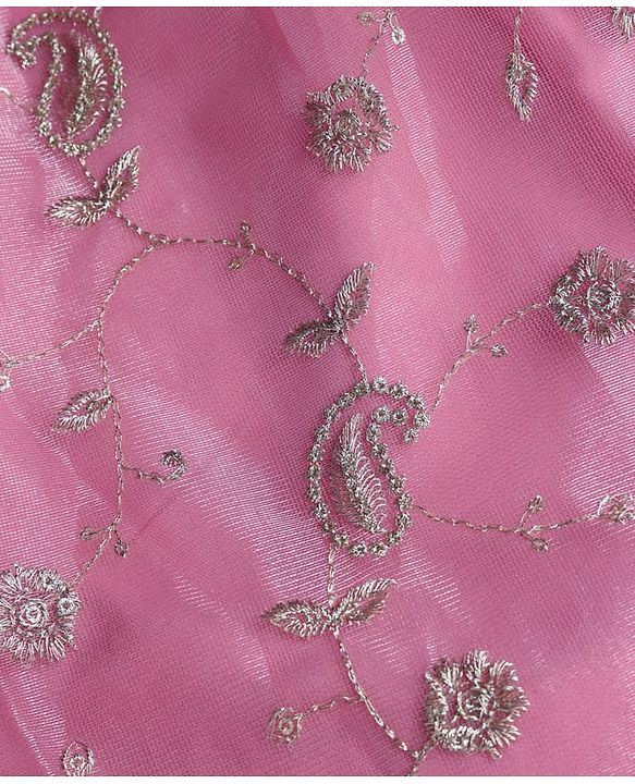 Babyhug Woven Three Fourth Sleeves Choli with Lehenga and Dupatta Set With Floral Sequin & Embroidery with Lace Detailing - Wine & Pink