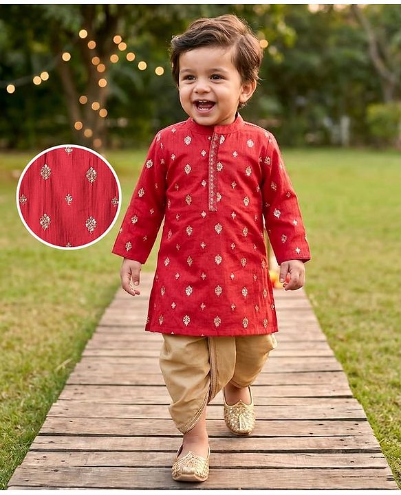 Babyhug Woven Full Sleeves Kurta Dhoti Set with Floral Embroidery - Red
