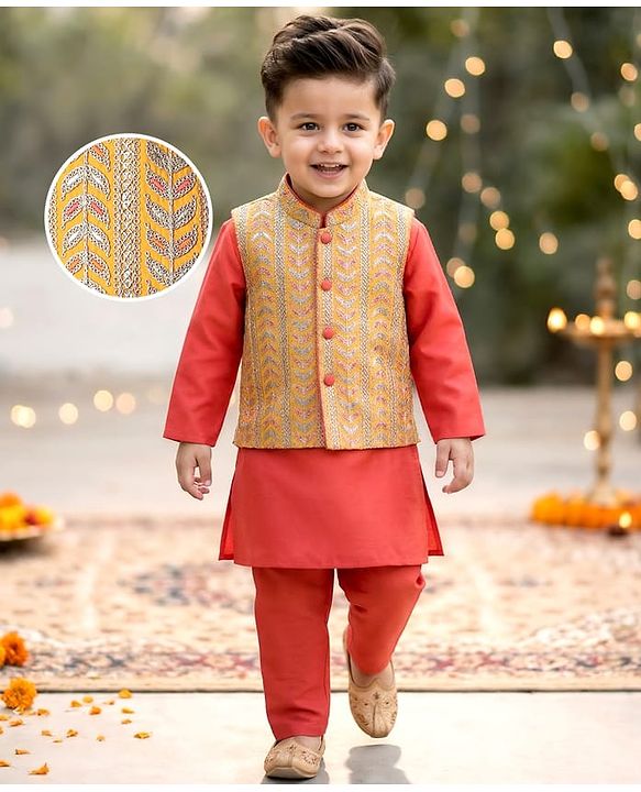 Babyhug Woven Full Sleeves Kurta Pyjama Set with  Embroidered Waistcoat - Red