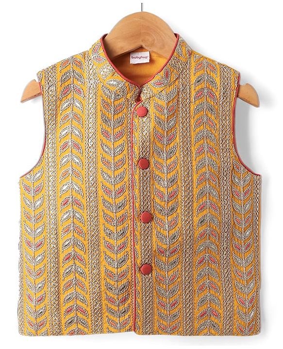 Babyhug Woven Full Sleeves Kurta Pyjama Set with  Embroidered Waistcoat - Red
