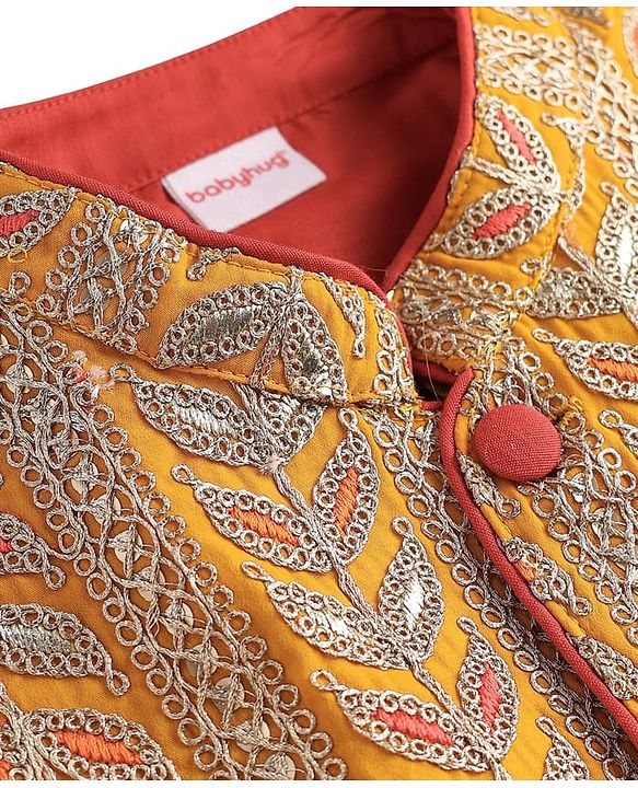 Babyhug Woven Full Sleeves Kurta Pyjama Set with  Embroidered Waistcoat - Red